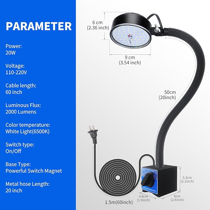 20W WangJiaTai Magnetic Work Light, LED Machine Light with 20 in Flexible Gooseneck and Magnetic Base, Magnetic Shop Lamp, Lathe Light, for Work Bench, Sewing Machine, Grill, Industrial Lighting,Black