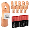 SELTERM 10pcs - 2/0 Awg - 1/4" Stud - Battery Lugs - Ring Terminal Connectors | with 12pcs 3:1 Black & Red Heat Shrink Tubing with Adhesive | Heavy Duty Battery Cable Ends - Bare Copper Wire Lugs Kit