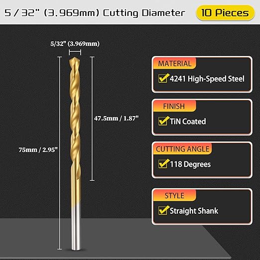 Drill Bit, 5/32" Cutting Diameter (3.969mm), 4241 HSS TiN Coated 118° Cutting Angle Versatile Jobber Bits - (Applications: for Drilling Plastic Wood Soft Thin Metal), 10-Pieces