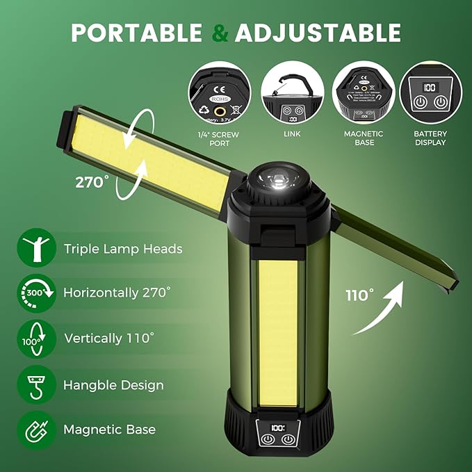 Rechargeable Camping Light with Stand 6000mAh 3.9 ft Max Height, Cordless Camping Lights with 3 LED Lamp Heads, 2000 Lumens Dimmable Magnetic Emergency Flashlight with Detachable Tripod(Green-M)