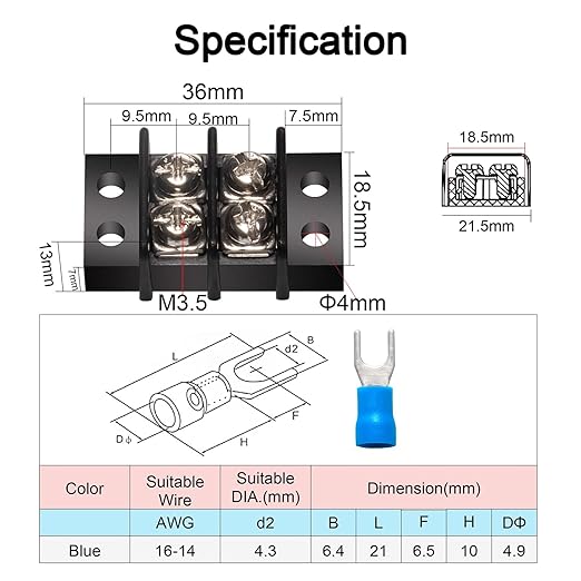 MILAPEAK Terminal Block - 2 Pack 2 Positions 200v-450v 20-30A Dual Row Screw Terminals Strip + 8 PCS Copper Wire Fork Connectors