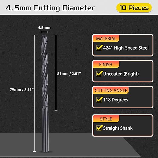 Drill Bit, 4.5mm Cutting Diameter, 4241 HSS Nitriding Black 118° Cutting Angle Versatile Jobber Bits - (Applications: for Drilling Plastic Wood Soft Metal), 10-Pieces