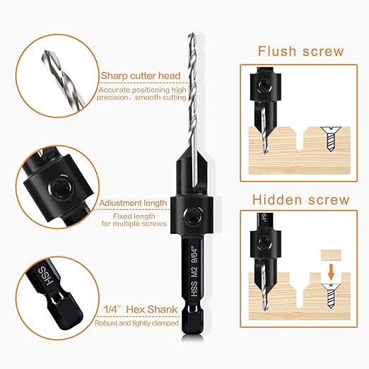 3 Pack Countersink Drill Bit Set #10#12#16, 3in1 Woodworking Counterbore Hole Saw Drill Bits, Depth Adjustable M2 Pilot Drill Bits, 82-Degree Chamfer, 1/4" Hex Shank, with 1 Allen Wrench