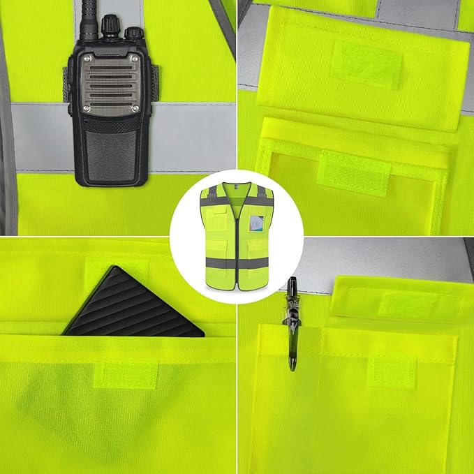 TCCFCCT Safety Vest for Men Women 5 Pockets Reflective Vest with Reinforced Zipper, High Visibility Construction Work Vest with Tabs for Walkie-talkie, Durable to Use, Meets ANSI/ISEA, Yellow, XXL