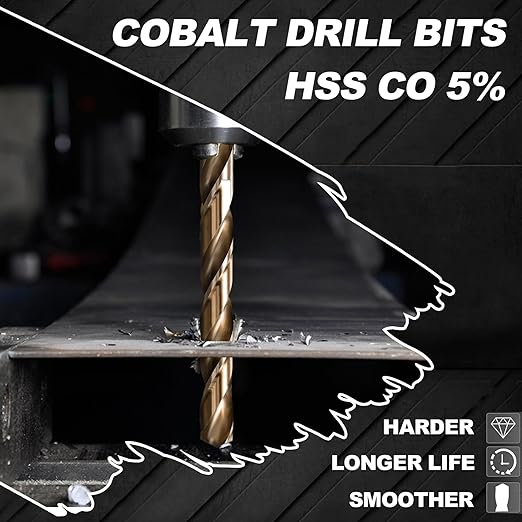 Hex Shank Cobalt Drill Bit Set 63Pcs 1/16"-1/2", M35 HSS Twist Impact Drill Bits for Metal and Hardened Steel, with Indexed Storage Case
