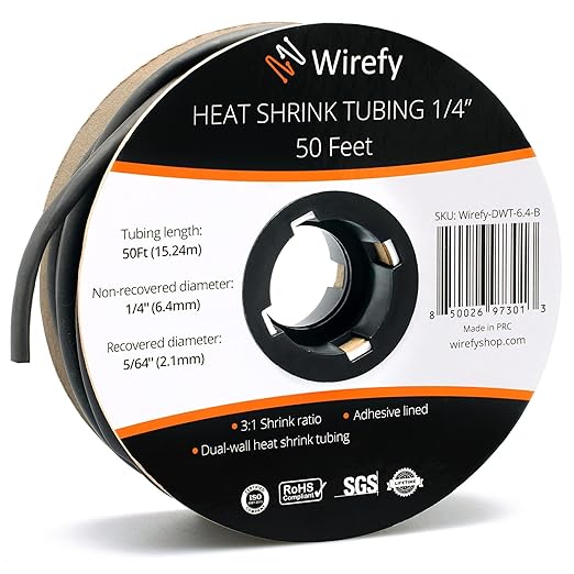 Wirefy 1/4" Heat Shrink Tubing - 3:1 Ratio Heat Shrink Tube - Adhesive Lined Wire Wrap Tubing Kit - Electrical Heatshrink Tubes - Waterproof Industrial Electric Automotive 50ft