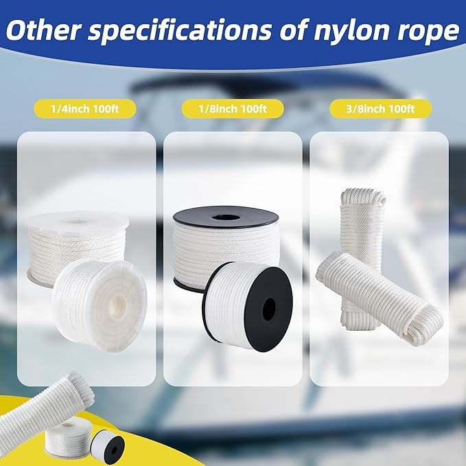 White Nylon Rope 1/4inch 100ft Braided Multi-Purpose Ropes for Outdoor&Indoor Heavy Duty for Camping, Boat, Garden, Clothesline, Marine, Soft & Flexible, High Tensile Strength