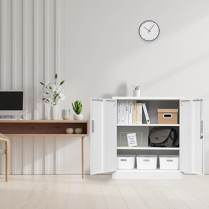 BESFUR Metal Storage Cabinet, 36"- White Locking Cabinet with Two Adjustable Shelves, Garage Storage Cabinet for Office, Garage, Home