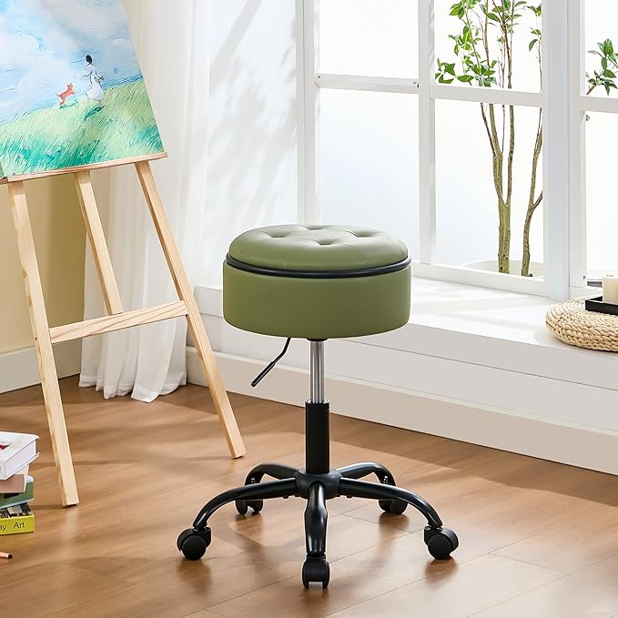 Rolling Stools with Wheels (Chair & Small Table in One) (Adjustable Height Barber Chair 20.67"-24.61"), Green Ergonomic Stool with Storage