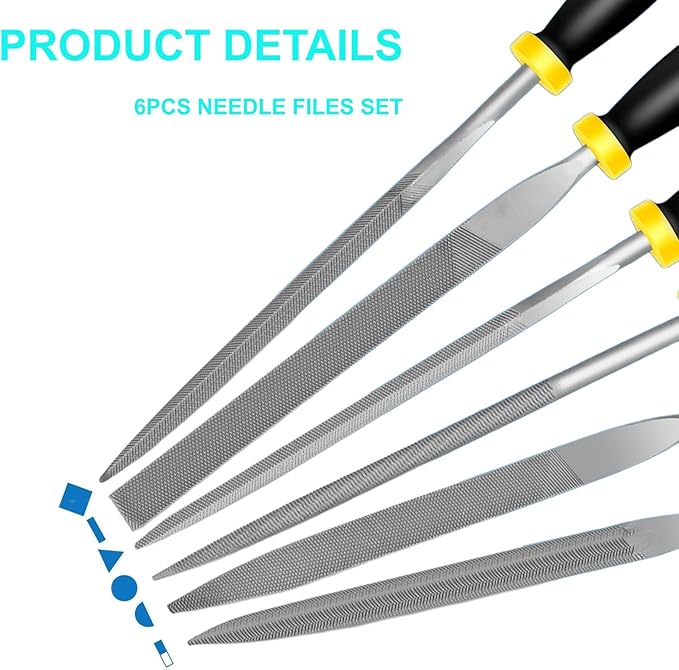6 Piece Metal Needle File Set - 4-inch,Carbon Steel Files for Metal, Wood & Jewelry | Includes Flat, Warding, Square, Triangular, Round, and Half-Round Files