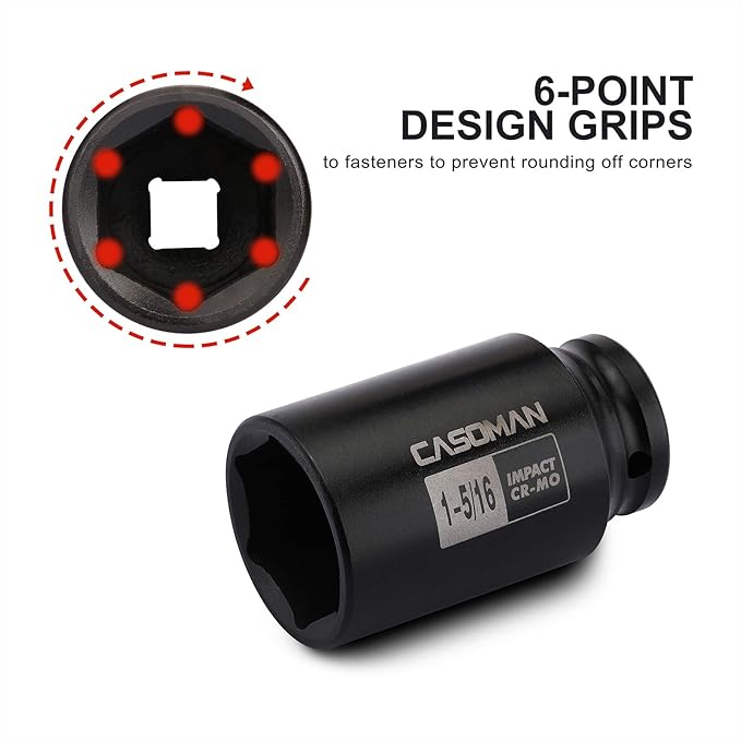 CASOMAN 1/2-Inch Drive 6-Point Deep Impact Socket- 1-5/16'' (SAE), CR-MO, for Axle Shaft Nuts, High-Torque, Corrosion-Resistant