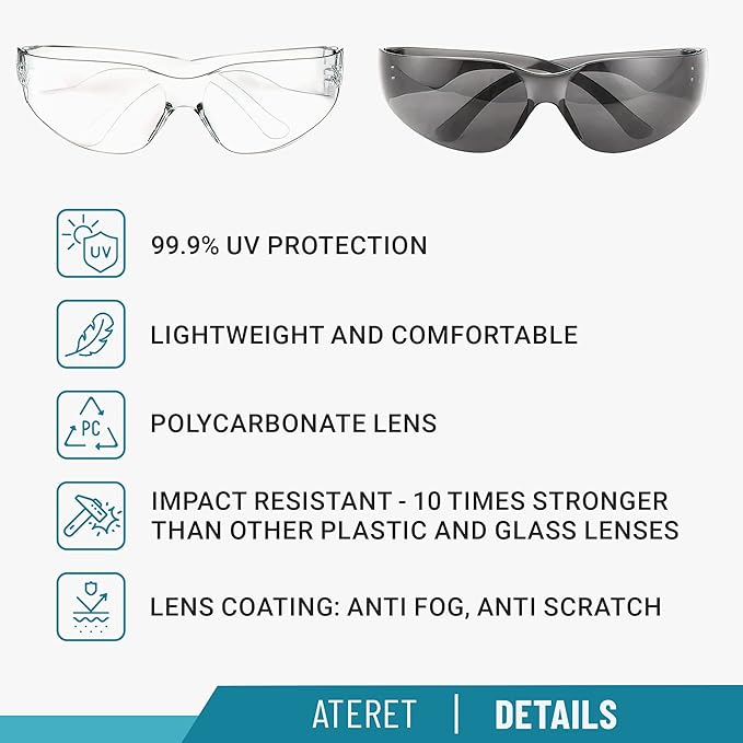 ATERET Protective Polycarbonate Safety Glasses White For Nurses Mechanic Electrician Saftey Glasses Goggles Anti Fog Eye Goggles Safety Protection (300 Pairs, Grey&Clear)
