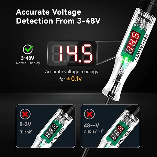 Heavy Duty Automotive Circuit Tester Test Light, 3-48V Digital LED Voltage Tester with Voltmeter, Dual Polarity Indicator and Stainless Probe for Car, Truck, RV, Boat Fuse Testing