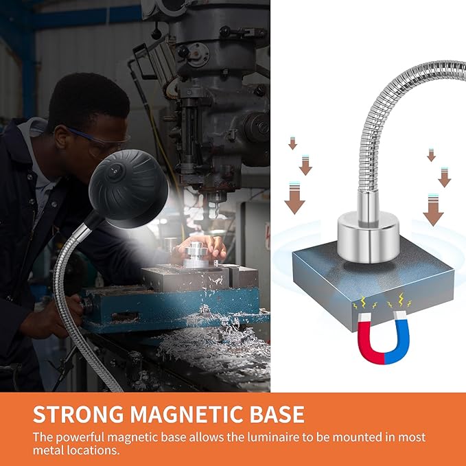 Magnetic Work Light, LED Machine Lights, Lathe Light, Flexible Gooseneck Lights with Magnetic Base, for Sewing Machine, Lathe, Grill, Work Bench, Industrial Lighting, 1200Lumens, Silver