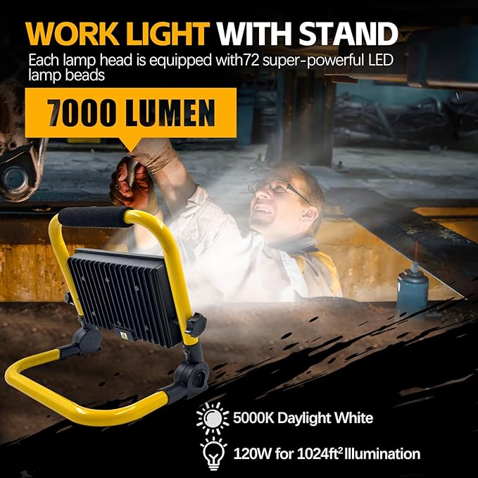 7000 Lumen Work Lights with Stand, 1 Adjustable Head LED Work Light, with Adjustable and Foldable Tripod Stand, Waterproof Lamp with Individual Switch with 6500 Kelvin Color Temperature (1-Head)