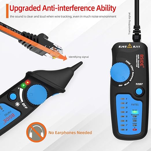Bside Network Cable Tester RJ45 RJ11 Wire Tracker Telephone Line Tester LAN TV Electric Line Finder Toner Network Cable Collation Continuity Checker with Flashlight