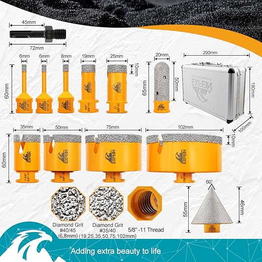 Diamond Tile Hole Saw Kit 12pcs - Diamond Core Drill Bits 6/6/8/19/25/35/50/75/102mm for Tile Porcelain Ceramic Marble with 20mm Finger Bit and 50mm Chamfer Bit Trimming Holes and SDS Adapter
