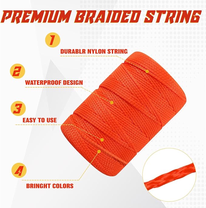 2 Pack Mason Line with Handle Twisted 540-Feet Reloadable Line Reel with 10 Built in Levels & 2 Plumb Bob Braided Construction Nylon Line for Gardening, Masonry Tools, String Level, Kite Twine String