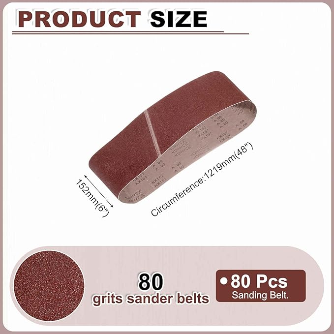 HARFINGTON 6 x 48 Inch Sanding Belts, 80 Pcs 80 Grits Aluminum Oxide Abrasive Belt Sander File Belt for Woodworking, Metal Polishing, Knife Sharpener