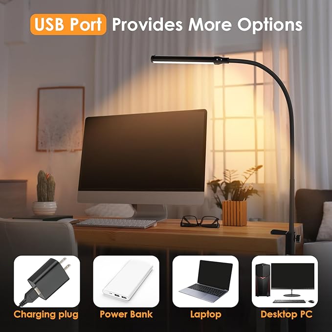 ShineTech LED Desk lamp with Clamp, Eye-Caring Clip Lights for Home Office, 3 Colors Full Brightness, Flexible Gooseneck USB Adapter Table Lamp, Black