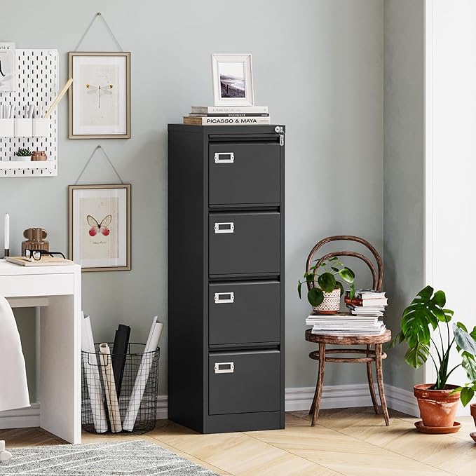 4 Drawer Filing Cabinets with Lock, Metal File Cabinet with 4 Drawers, Home Office File Folders Cabinet for Letter Legal A4 File Size