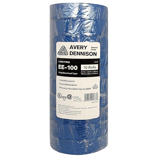 Avery Dennison Electrical Tape, 10 Rolls General Use PVC Electric Tape, UL/CSA Listed ¾ in x 66 ft Insulating Vinyl Tape for Electrical, Repairs, Automotive and Equipment, EE-100, Blue,