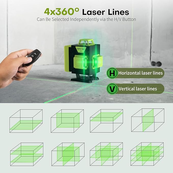 16 Line Laser Level 360 Self Leveling,4x360° Professional 4D Cross Line Green lazer Level with 2 Batteries for Construction and Picture Hanging,Adjustable Brightness Magnetic Bracket,Remote Control