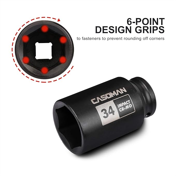CASOMAN 1/2" Drive x 34 mm Deep 6 PT Impact Socket, CR-MO, 1/2-inch Drive 6 Point Axle Nut Socket for Easy Removal of Axle Shaft Nuts (34MM)
