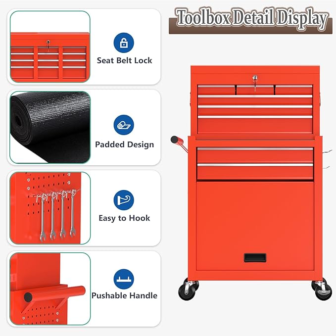 8 Drawer Tools Chest,42.9 inch Tool Cabinet with Universal Lockable Wheels，Organizable Tool Box with Detachable Top Box for Workshop，RED