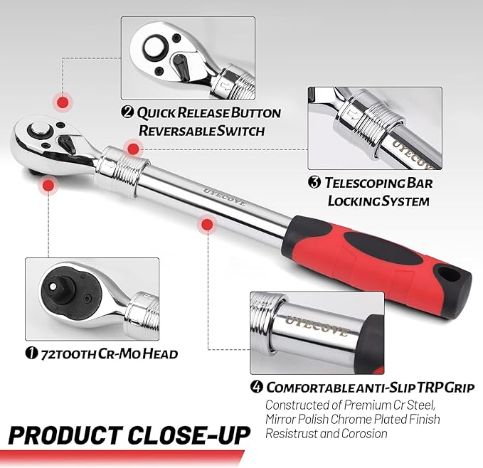 1/2 Inch Drive Extendable Ratchet, Durable Socket Wrench with Long Handle 72-Tooth Quick-Release Reversible, Soft Grip Handle Hand Tool (Red)