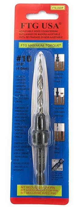 FTG USA Adjustable Wood Countersink Drill Bit #10 (3/16") with Tapered Drill Bit for Woodwork