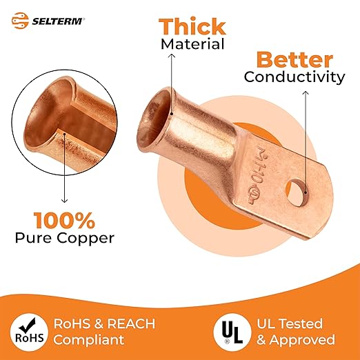 SELTERM 10pcs 1 AWG - #10 Stud - Battery Lugs, Heavy Duty Wire Lugs, Ring Terminals, Battery Cable Ends,1 Gauge Terminals, UL Bare Copper Eyelets Electrical Battery Terminal Connectors