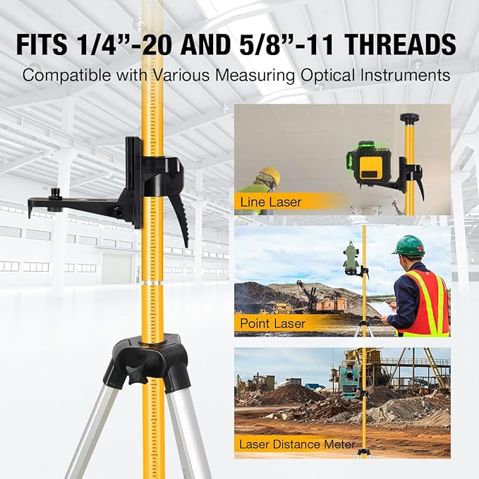 15.8Ft/4.8M Professional Telescoping Laser Level Pole with Tripod & Laser Mount - 1/4"-20 & 5/8"-11 Adapters, Adjustable Laser Pole Mount for Rotary/Line Lasers