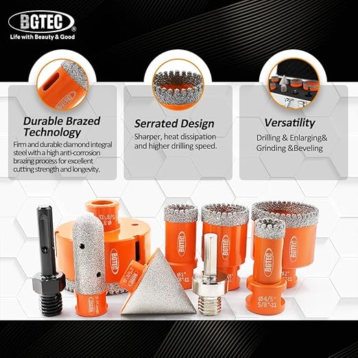 BGTEC Diamond Core Drill Bits-9PCS 5/8-11 Thread Tile Hole Saw 20/25/35/50/75mm+50mm Beveling Chamfer Bit+20mm Finger Bit+SDS/HEX Adapter for Pocelian Tile Ceramic Marble Granite Stoneware