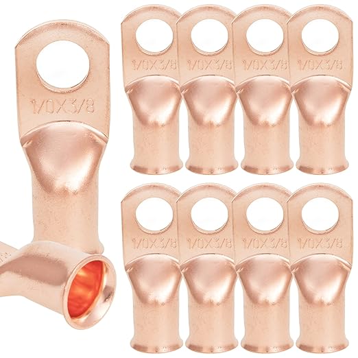 10PCS 1/0AWG - 3/8''Stud Heavy Duty Copper Terminals,Battery Cable Crimp Lugs,Battery Cable Ends,Bare Copper Eyelets Tubular Ring Terminals,Closed End Crimp Electric Connectors