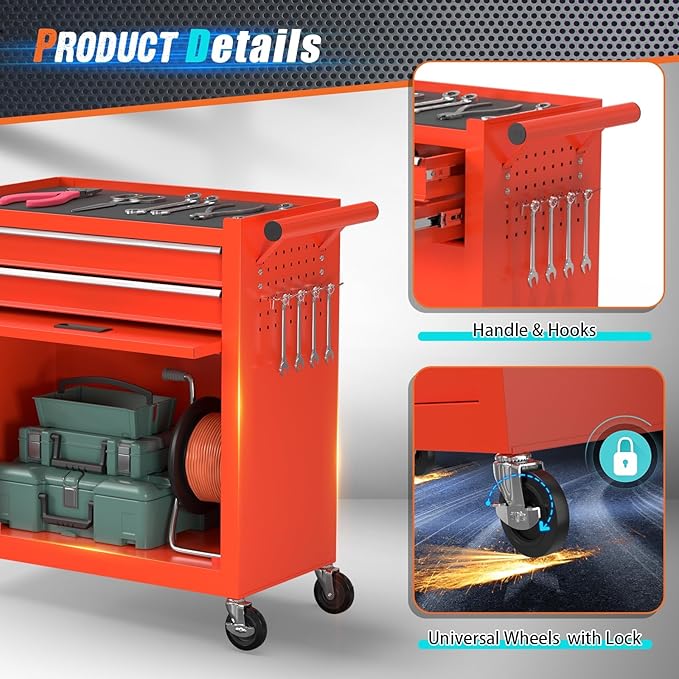 8-Drawer Rolling Tool Chest with Wheels, 2-in-1 Detachable Tool Box with Drawers and Large Cabinet, Rolling Tool Chest Storage Cabinet with Lockable for Warehouse, Garage, Workshop (Red)