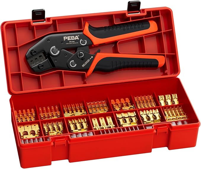 PEBA Spade Terminal Crimping Tool Kit, AWG 24-14 Crimper for Quick Disconnect Male & Female Non-Insulated Terminals 0.110"-0.250", 14 Types Spade Connector Kit - Speaker Terminals Crimping Tool