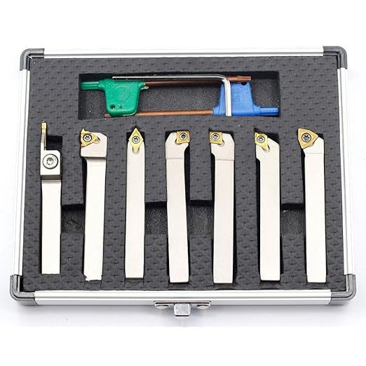 OSCARBIDE 3/8" Shank Heavy-Duty Indexable Lathe Tool Holder 7 pcs Set,CNC Nickel Plated Metal Lathe Cutting Tools for Turning, Grooving, Threading with Tin Coated Carbide Inserts