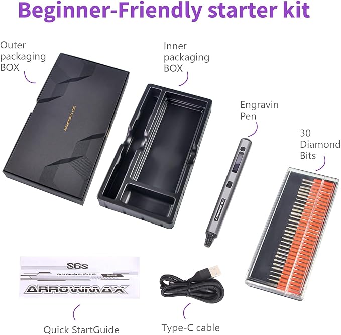 AM ARROWMAX Mini Engraving Pen: Ultimate Cordless Portable Tool for Artists & DIYers - Engrave 50+ Surfaces - Beginner Friendly - Engraving Pen for Bead, Metal, Wood, Glass and Plastic
