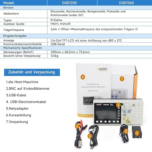 OWON Waveform Generator,30MHz Bandwidth, 125MSa/s Sampling Rate, 14 bits Vertical Resolution, 8K Waveform Length,5 Basic Waveforms, and 160 built-in Arbitrary Waveforms, with 3.6IN LCD Display DGE1030