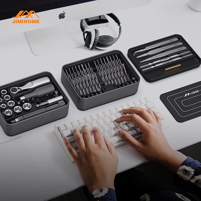JIMIHOME 100 Pieces Precision Screwdriver Set with Ratchet and Tweezers Magnetic Screwdriver Kit Desktop Mini Tool Station 100-Piece with Bits for Electronics PC Laptop Tablet Repair Household Tool