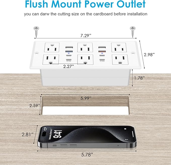 Recessed Power Strip with PD 30W Fast Charging, Conference Desk Flush Mount Outlets Plug in 6 Outlets & 8 USB Ports,3FT Cord Furniture Drawer Outlet White