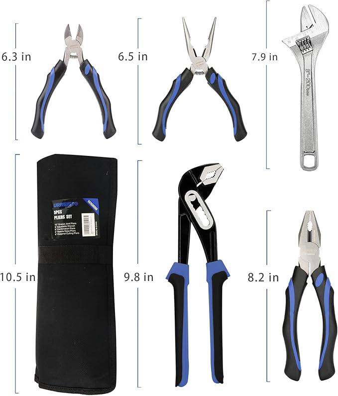 5-piece Pliers Set Home Maintenance Tool Kit for Men, Including Groove Joint, Long Nose, Diagonal Cutting, Adjustable Wrench and Linesman Pliers, with Storage Pouch