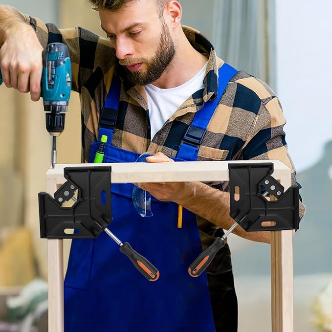 Right Angle Clamp, Housolution [4 PACK] Single Handle 90° Aluminum Alloy Corner Clamp, Right Angle Clip Clamp Tool Woodworking Photo Frame Vise Holder with Adjustable Swing Jaw - Black