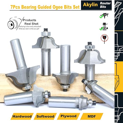7Pcs Roman Ogee Router Bit Set,1/2" Shank,Decorative Edge Bits Double Radius 3/32", 1/8",5/32",3/16",7/32", 1/4" and,5/16" Edging Cutter for Wood Profiling,Routing,Molding