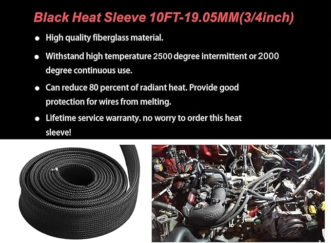 Fiberglass Hose Heat Shield Sleeve Spark Plug Wire Heat Protector Boots Auto Hose Roll 2500 Degree for Car&Auto Wire Loom Brake Line Cable (Black 3/4" IDX10')