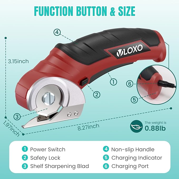 VLOXO Cordless Electric Scissors Cardboard Cutter 4V Electric Box Cutter Rechargeable Power Scissors with Safety Lock Multi-Cutting Tools for Leather Carpet Canvas (Red)