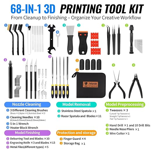68Pcs 3D Printer Tools Kit with Storage Case, FDM/SLA Printer Accessories - Deburring Tool, 3D Print Removing Scrapers, Metal Files, Brushes, Hand Drill, Tweezers, for Bambu Lab, Ender 3, Kobra, etc.