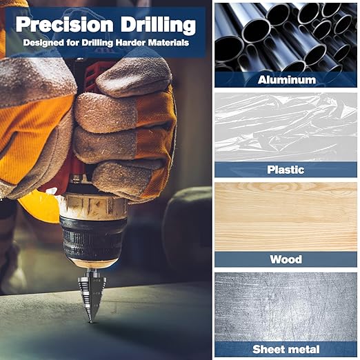 M2 Step Drill Bit, 3/16 to 1-3/8 in, Double Fluted, Cutting Drill Bit for Stainless Steel, Metal, Aluminum, Copper, Wood, PVC