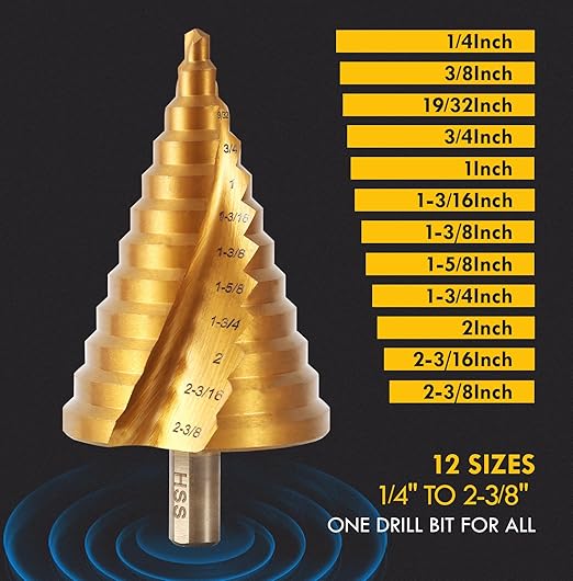 Step Drill Bit Set, 1/4" to 2-3/8", Hex Shank High Speed Steel Step Drill Bit for Stainless Steel, Metal, Aluminum, Copper, Wood, PVC